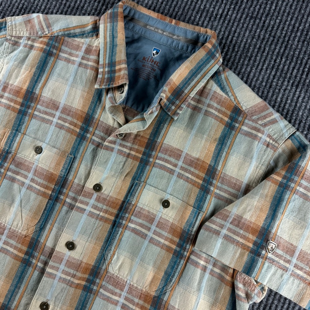 Kuhl Mens Medium Short Sleeve Linen Cotton Plaid Button Down Shirt Orange Blue